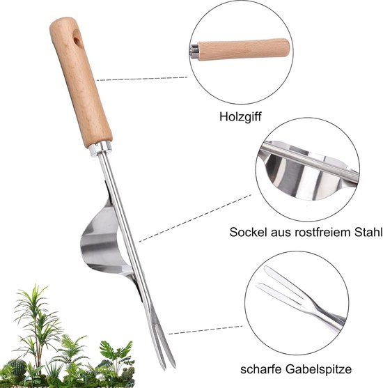 Onkruidsteker - RVS Onkruid - Onkruidverwijderaar - Onkruidtrekker - 31 cm - Wortelwiedmachine met houten handvat - Onkruidsteker Tuin - Voor wieden en losmaken - Cadeau voor elke tuinliefhebber — afbeelding 3