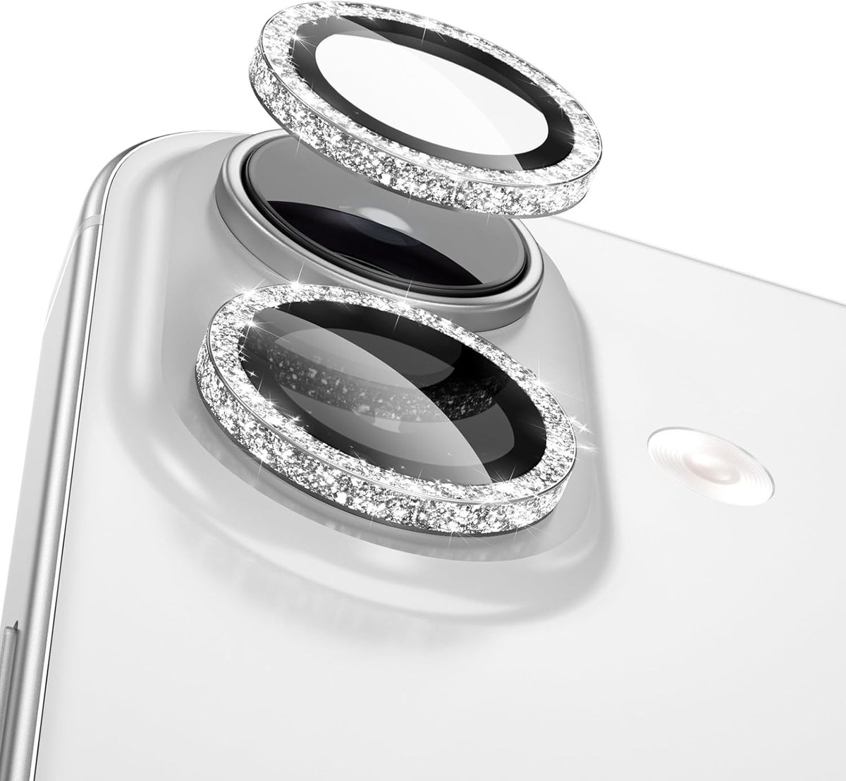 Bescherming voor cameralens van iPhone 16/16 Plus, 17/17 Plus - Onzichtbaar, Perfecte Pasvorm, Glinsterend Effect, Zilver, Schokbestendig, Krasbestendig, Duurzaam
