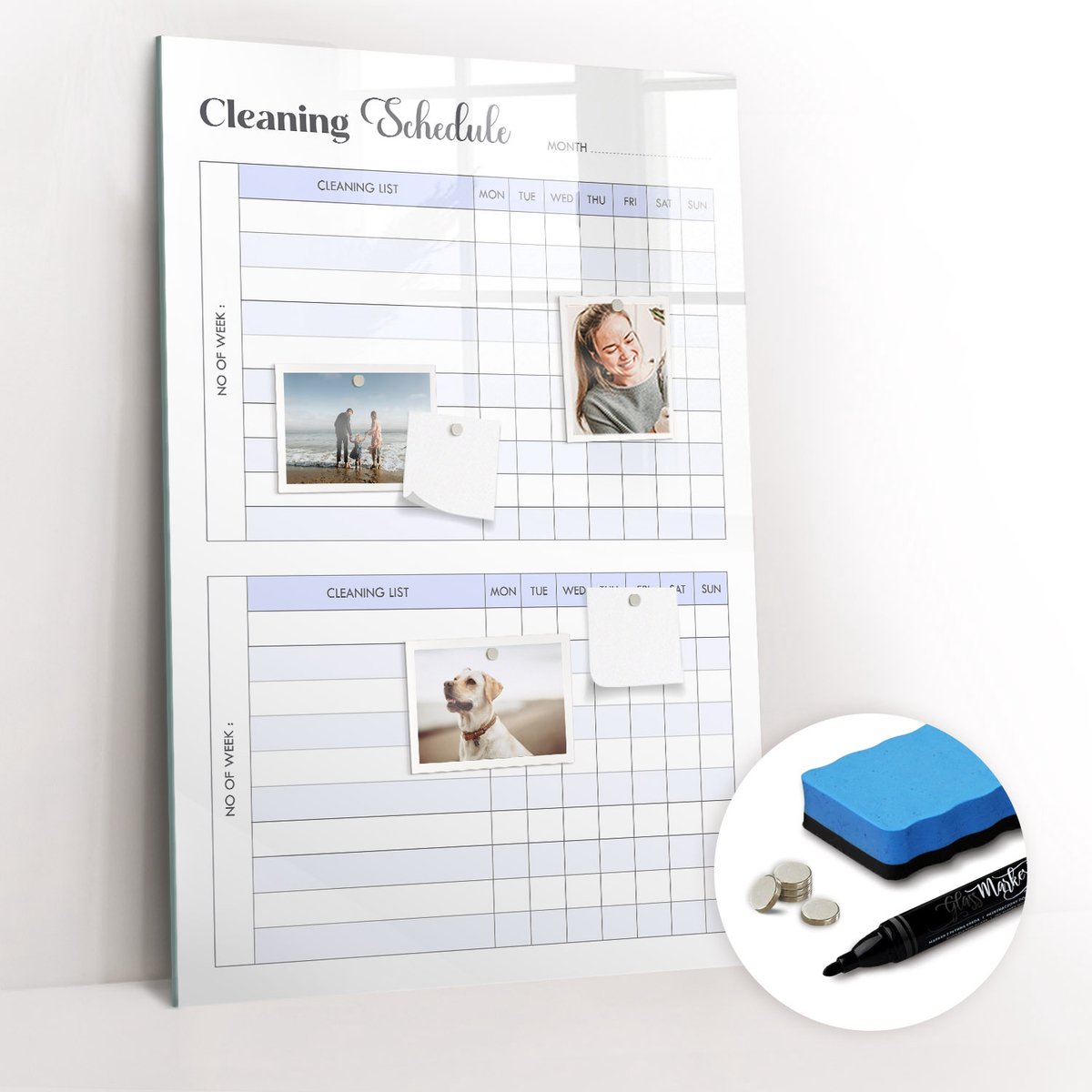 Tulup Whitebord - Schoonmaakschema - 60 x 90 cm - Blauw Foto Magneetbord - Gratis 5 Sterke Magneten + Whiteboard Marker & Wisser - Interieur Accessoires Kantoor - Magneetbord Design - Planning Muur