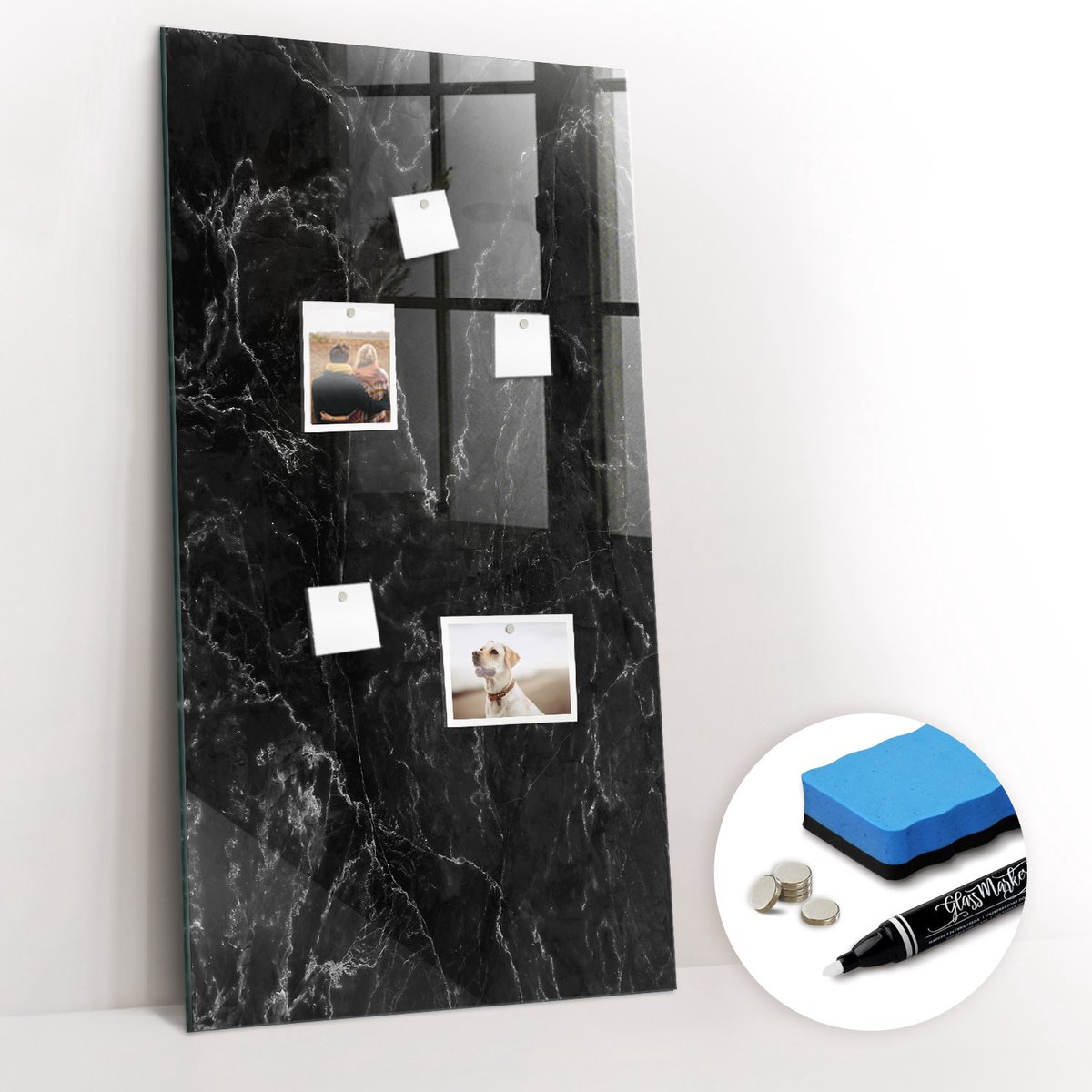 Tulup Whitebord - Glanzend donker marmer - 60 x 120 cm - Zwart-wit Memobord Keuken - Gratis 5 Sterke Magneten + Whiteboard Marker & Wisser - Organizer Muur - Magneetbord Muur - Notitiebord Werkplek