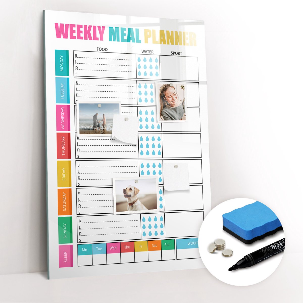 Tulup Whitebord - Dieet weekmaaltijdplanner - 60 x 90 cm - Veelkleurig Magneetbord Rechthoekig - Gratis 5 Sterke Magneten + Whiteboard Marker & Wisser - Organizer Muur - Memo Bord - Notitiebord Werkplek