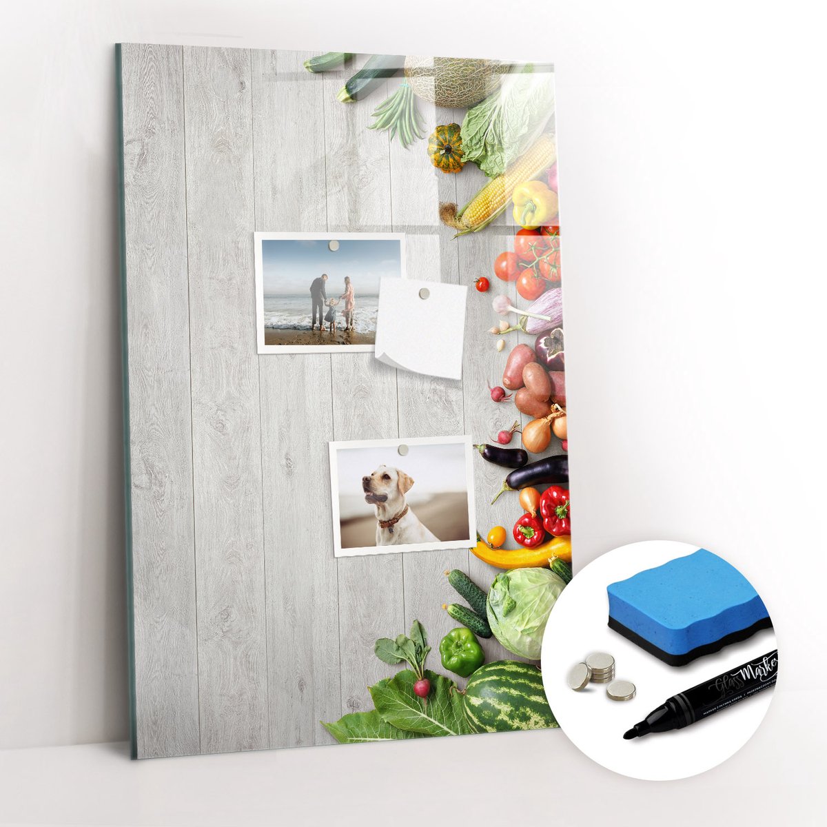 Tulup Whitebord - Groenten op een houten keukenplank - 40 x 60 cm - Veelkleurig Magneetbord Muur - Gratis 5 Sterke Magneten + Whiteboard Marker & Wisser - Wanddecoratie Kantoor - Memo Bord - Productiviteit Tools
