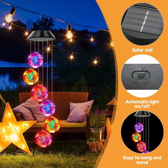 Windspel op zonne-energie, voor in de tuin, 6 leds, wisselende kleuren, moederdagcadeau voor balkon, decoratie, weerbestendig, buiten, hangend, terrasdecoratie, tuinlamp, tuinlamp voor boom — afbeelding 2
