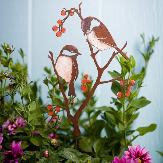 tuinsteker, 60 cm hoog, beschilderde vogel, tuindecoratie voor buiten, metalen meisen en bessen, outdoor tuinfiguren — afbeelding 2