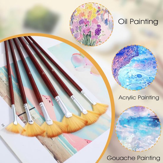 6 stuks schilderpenselenset, kunstenaarskwasten met houten handvat, waaierkwast acryl voor acrylschilderen, olieverfschilderijen, gouache en landschapsschilderen, nylonhaar — afbeelding 3