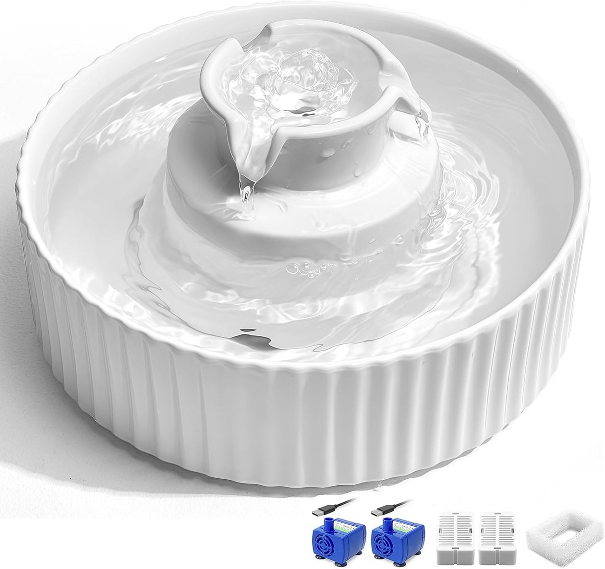 Kattenfontein van keramiek, 360 2.1L drinkfontein voor kat keramische drinkbak voor kat en hond met vervangfilter en schuimrubber intelligente pomp (wit) 2*filter 2*pomp