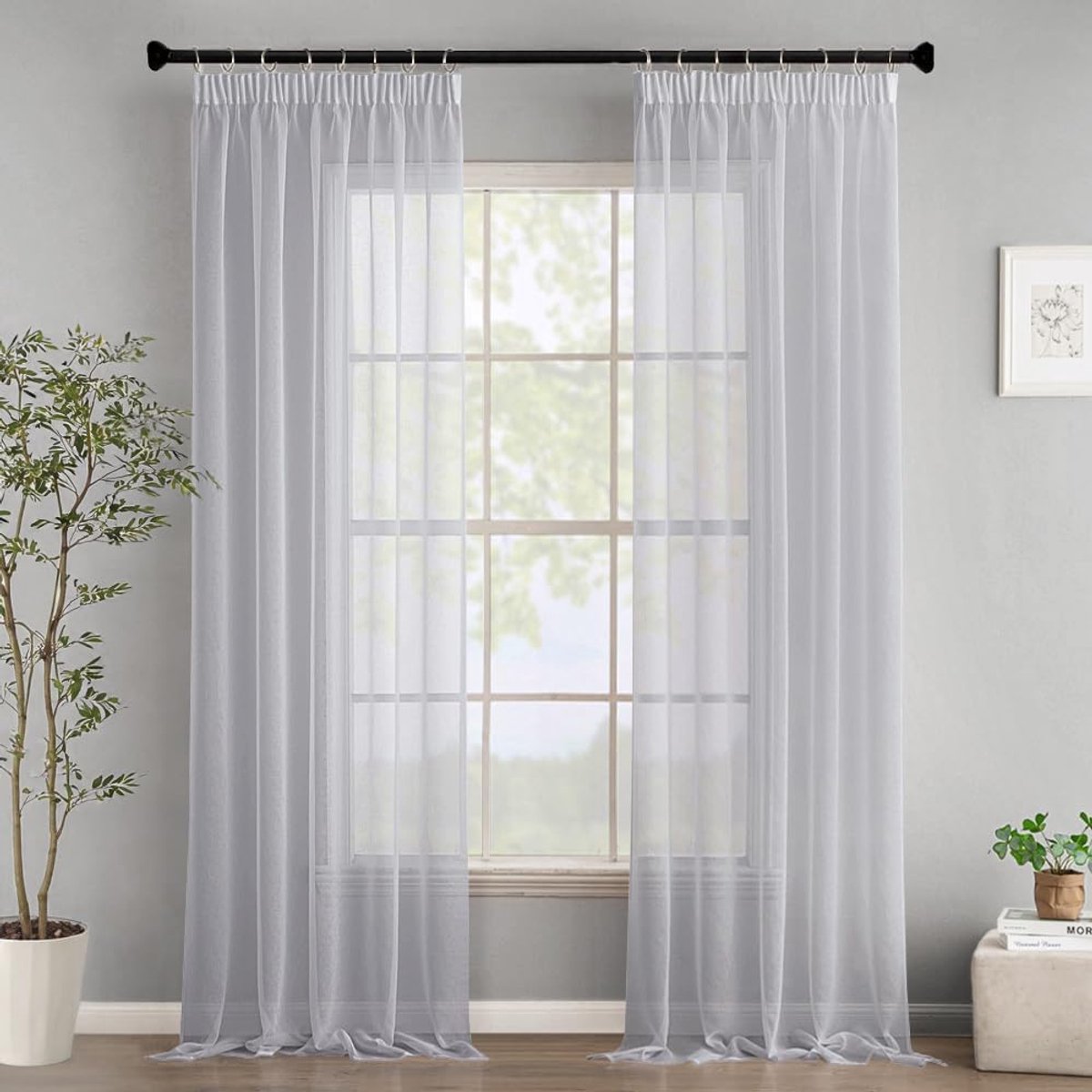 transparante raamgordijnen, vitrage met plooiband, moderne decoratieve gordijnen voor slaapkamer, woonkamer, huis, set van 2, 140x260cm, grijs