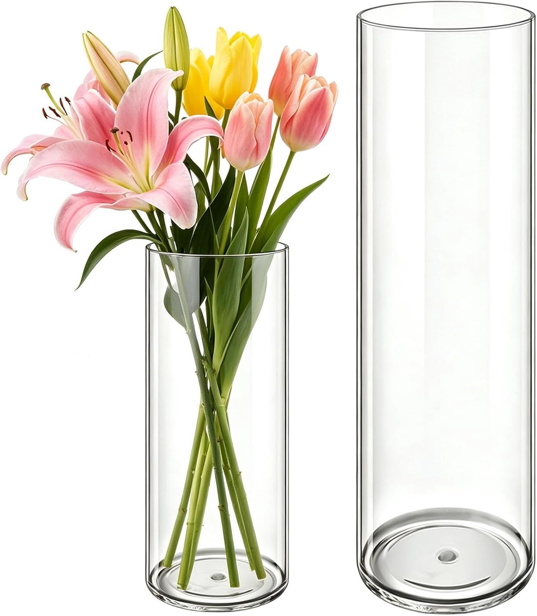 Set van 2 Ronde Acryl Vaas, Transparante Vaas, Onbreekbare Lichtgewicht Vazen voor Vers Bloemen en Droge Bloemen, Decoratie Huisdecoratie en Tafeltafelstukken, 10 x 25 cm en 12 x 40 cm