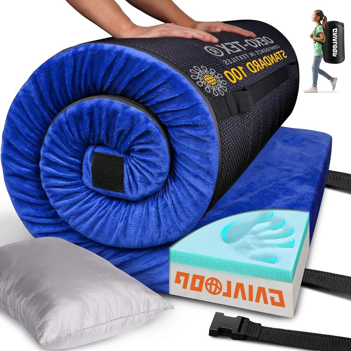 Dikke Slaapmat - Kampeer Kussen - Comfortabel Slapen - Traagschuim Vulling - 62 x 23 Inch - Blauw