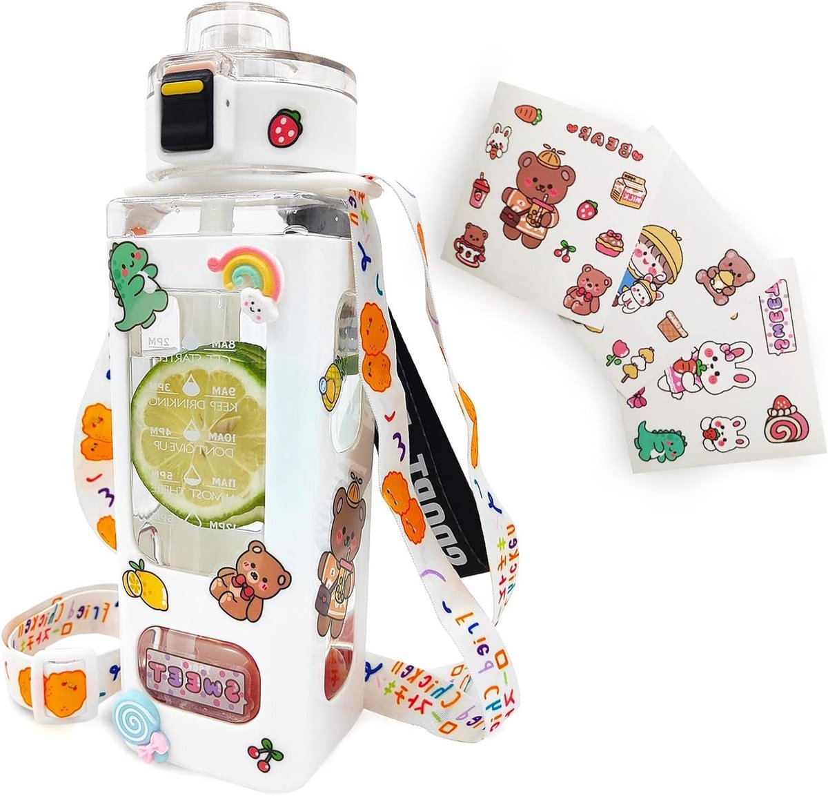 Kawaii Waterfles - Schattige Drinkfles - Hydratatie Bijhouden - Met Rietje En Band - 700 ml - Wit
