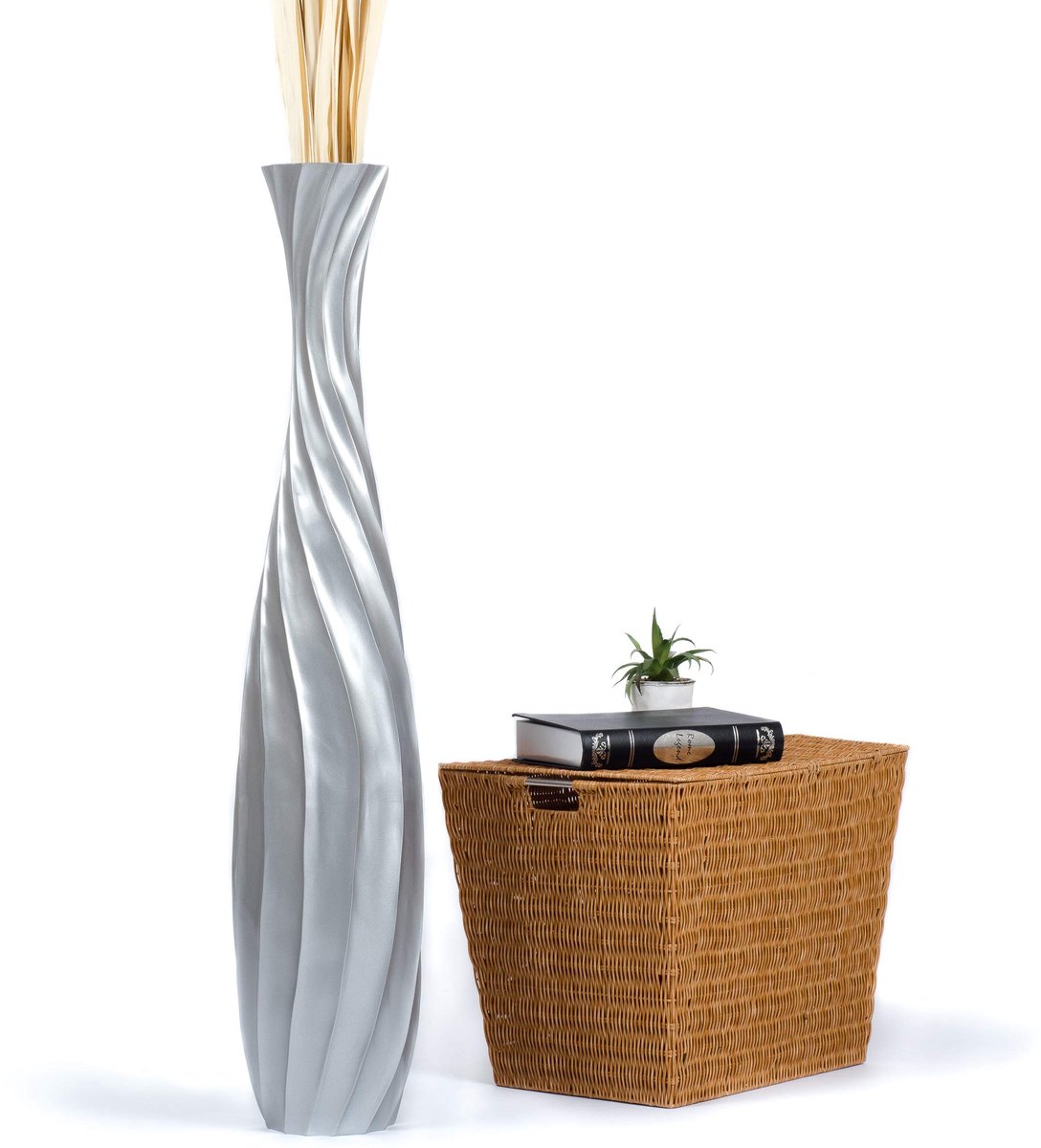 Vaas 105 cm - Handgemaakte Mangohout Vaas in Zilver voor Pampasgras & Droogbloemen