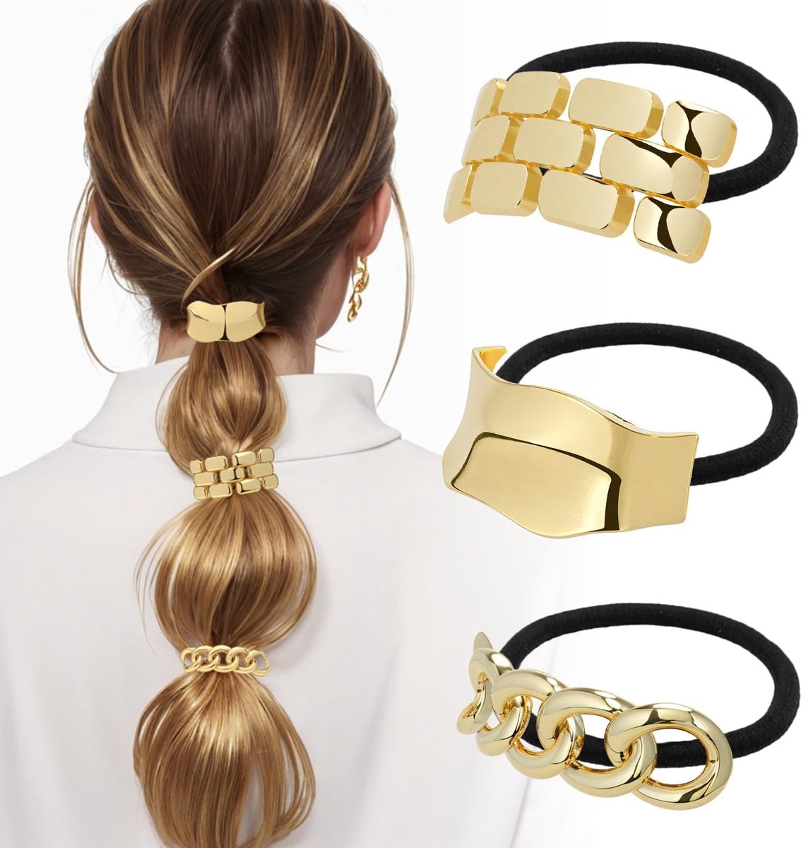 haarelastiekjes, 3 stuks goudkleurige metalen haarelastiekjes, geometrische haarelastiekjes, zwarte en gouden haaraccessoires voor meisjes en vrouwen (B)