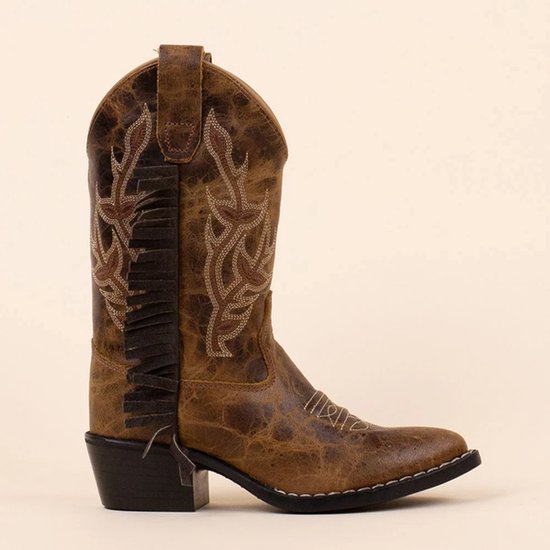 Bruine cowboylaars met franjes en geborduurde details. Rubberen zool met blokhak.