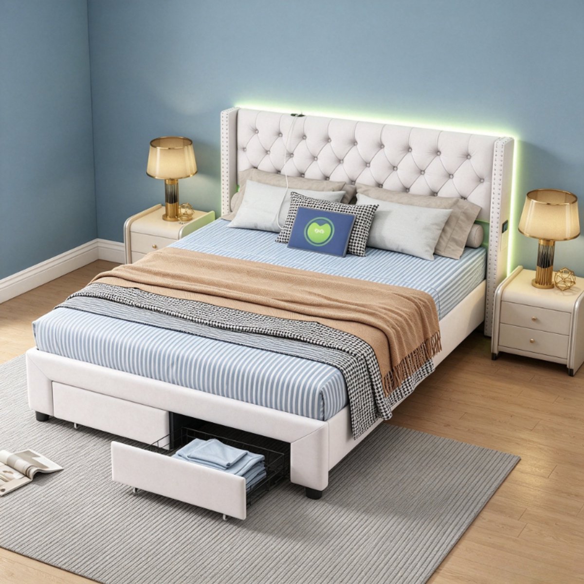 Tweepersoonsbed 140x190 cm, volwassen bed met LED verlichting, 2 opberglades, hoofdbord met studs en zijvakken, fluweel beige, zonder matras