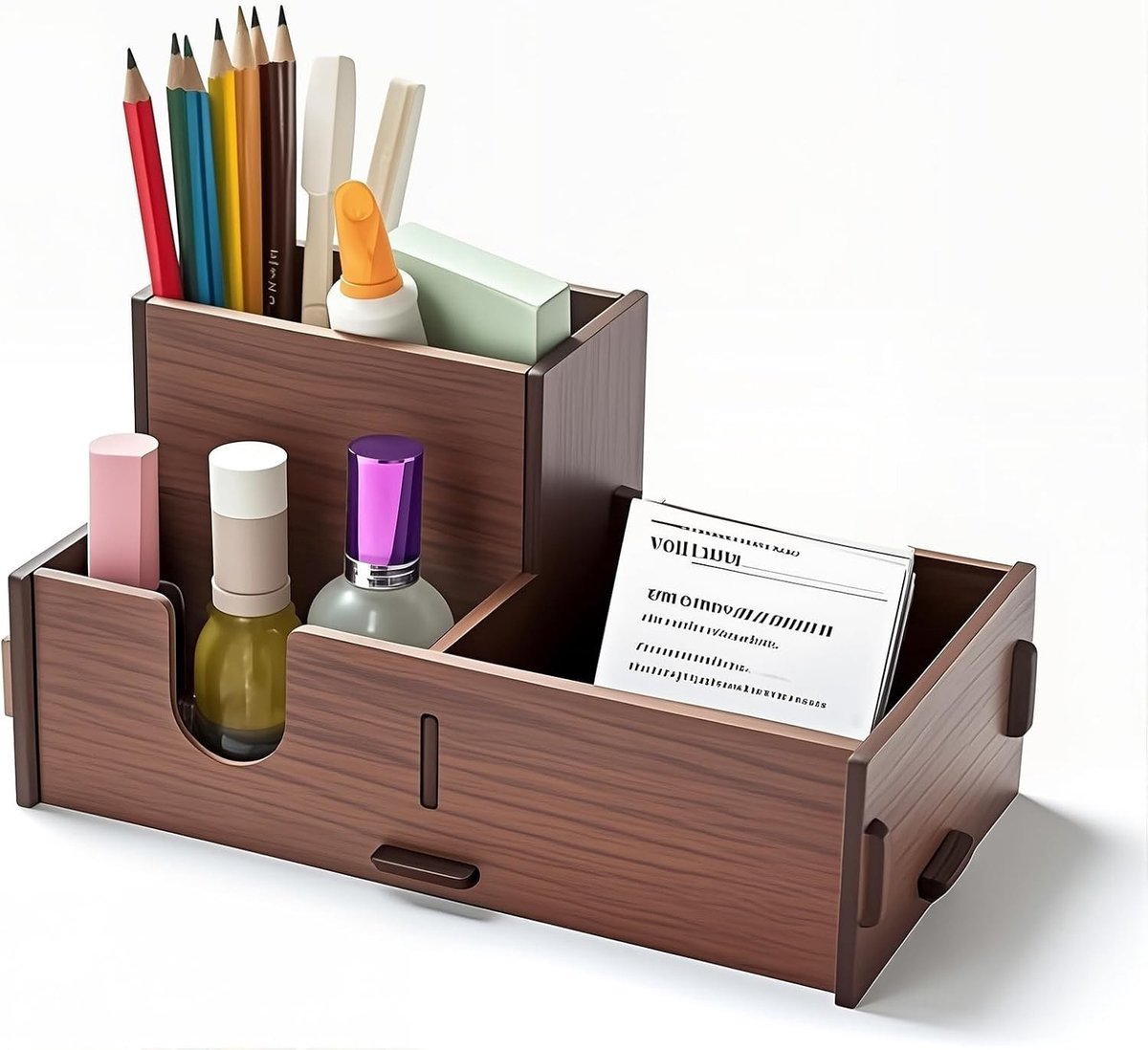 Bureau-organizer van hout in walnootkleur, multifunctionele pennenhouder met lade voor kantoor en thuis, ideaal voor knutselen en opbergen