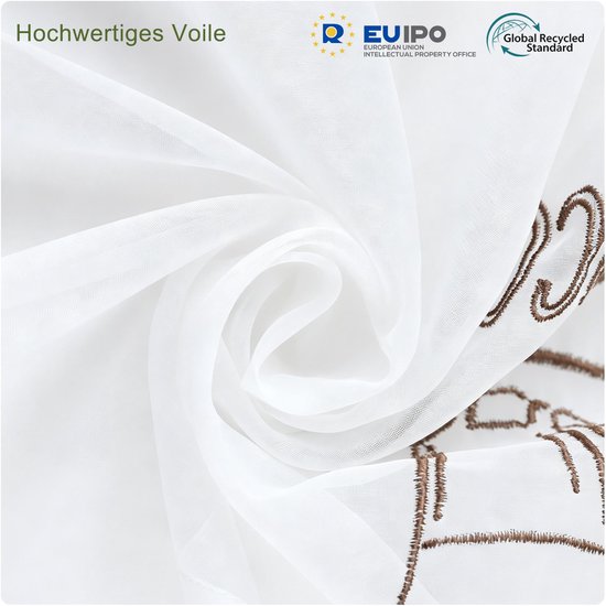 Vitrage, voile gordijn met lussen, zonder boren, transparant, decoratie voor keuken, eetkamer, wit, bruin, h x b 60 x 120 cm, 1 stuk — afbeelding 4