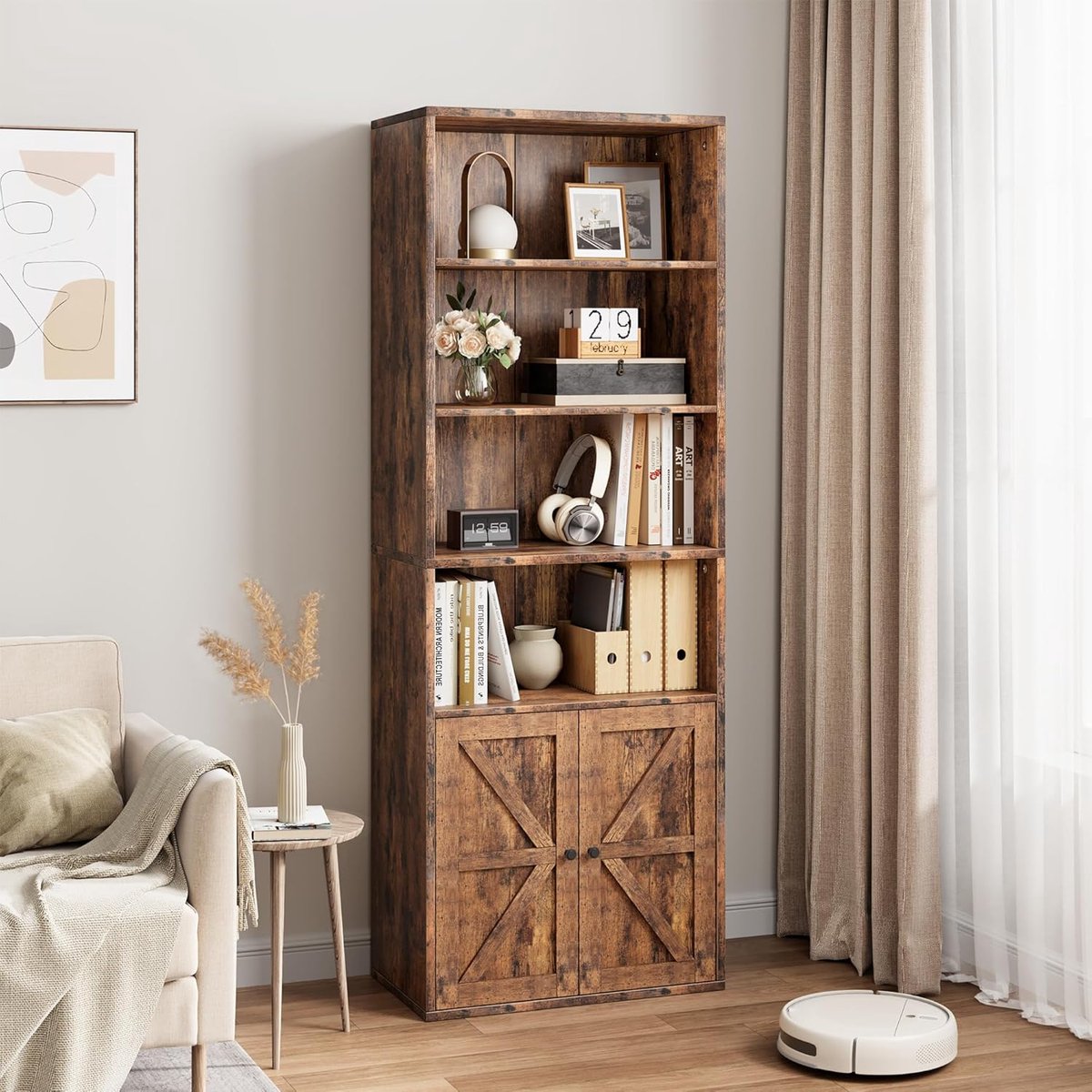 Hoge Boekenkast met Deurtjes - 6 Niveaus - Industrieel Boekenrek met Landelijke Kastdeuren - Rustiek Bruin - Opbergkast voor Woonkamer, Keuken en Kantoor - 181 x 60 x 30 cm