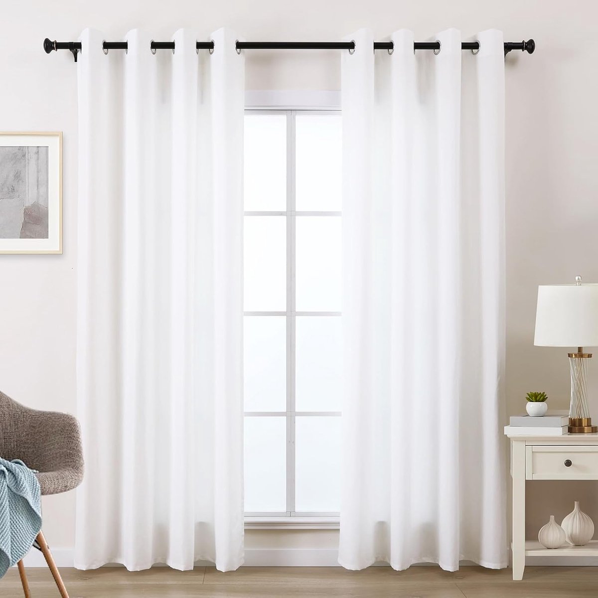 Gordijnen, wit, ondoorzichtig, 80% lichtdoorlatend, gordijn voor slaapkamer en woonkamer, privacy, dunne katoenlook, gordijnen met oogjes, 245 cm lang, effen, natuurlijke kleuren, wit