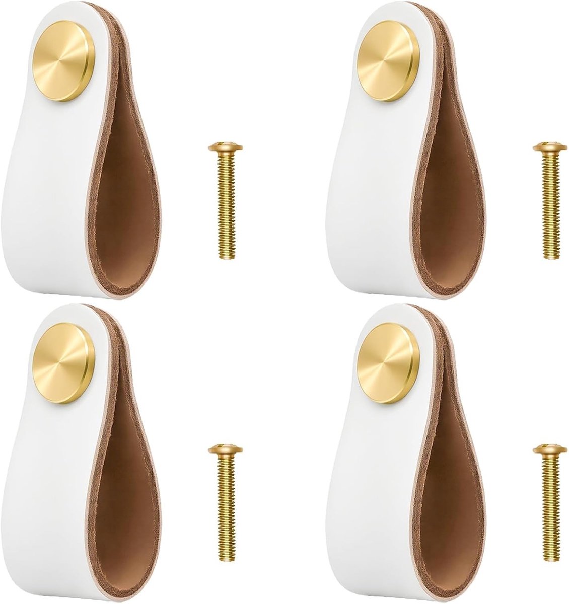 Set van 4 Leren Meubelhandgrepen 6.3 x 2.5 cm, Messing Kop, Perfect voor Lades, Kasten en Meubels, Waterafstotende en Duurzame Handgrepen voor Gezinnen met Kinderen