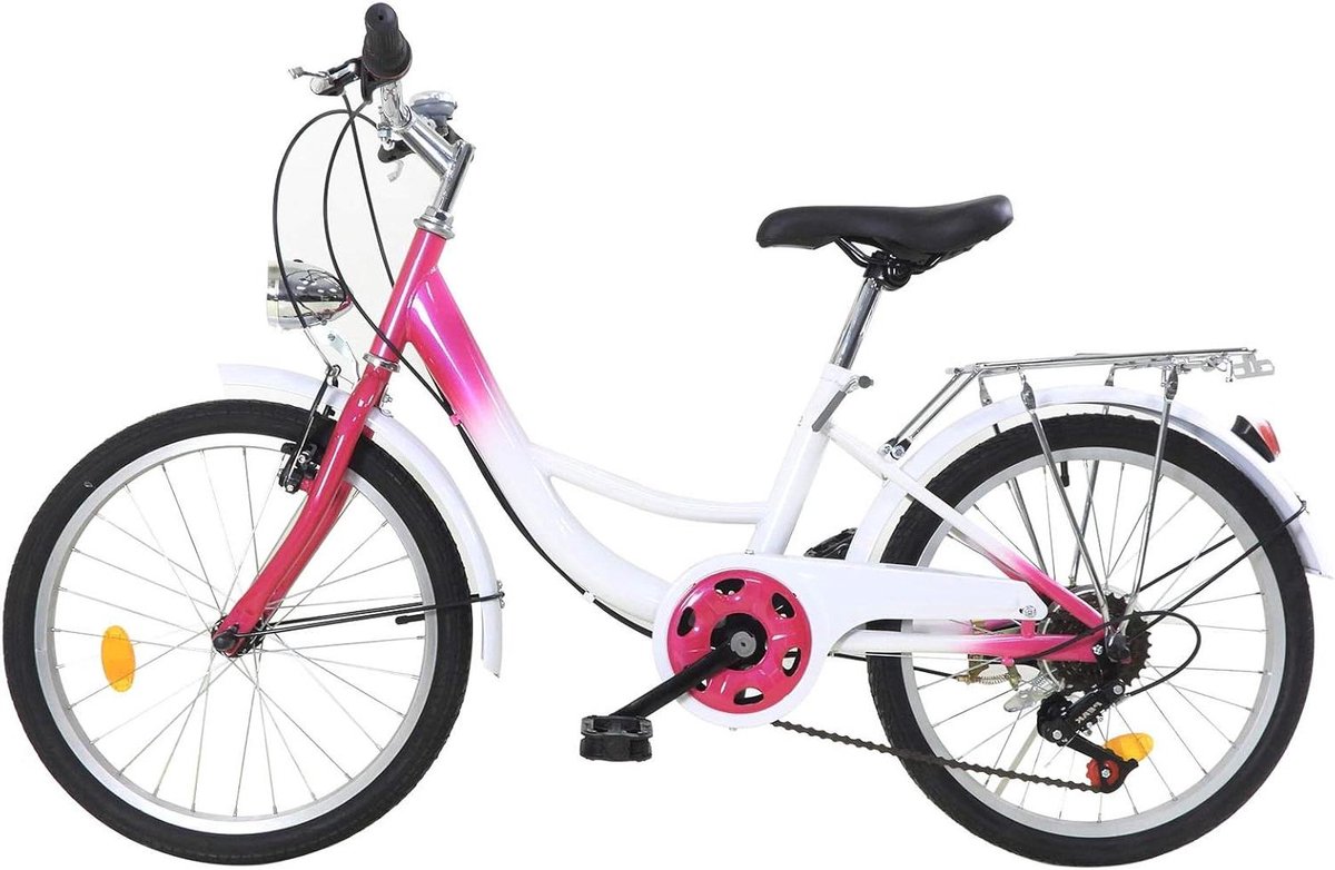 Kinderfiets 6 versnellingen - Jongensfiets Meisjesfiets - Buiten Fietsen - Lichtgewicht Koolstofstaal Frame - 20 inch - Roze Wit