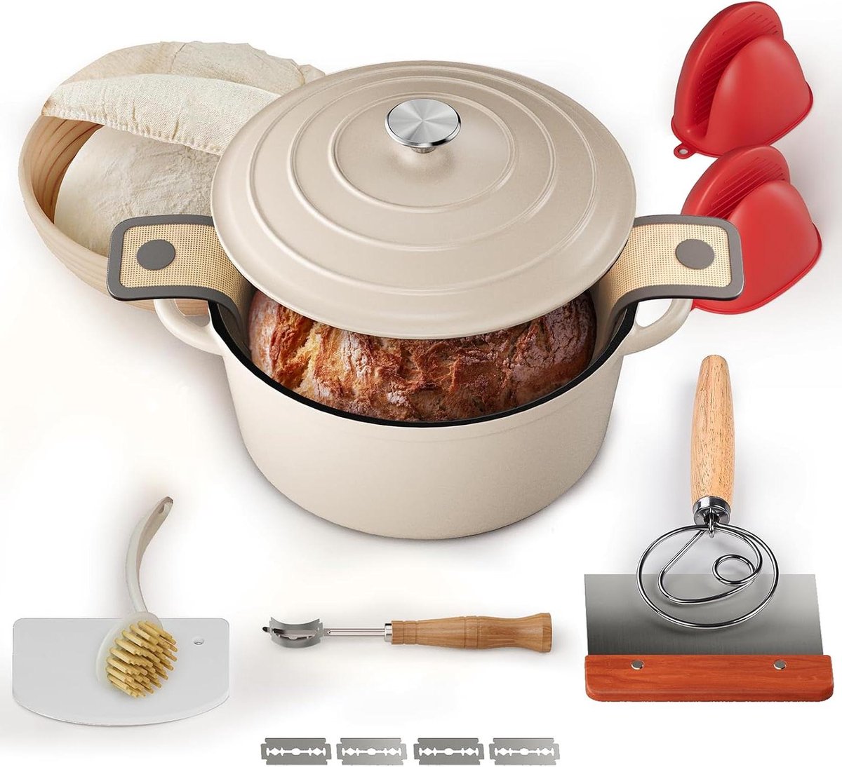 Gietijzeren Hollandse Oven - Brood Pan Braadpan - Brood Bakken - Geëmailleerd Gietijzer - 5 Quarts - Wit
