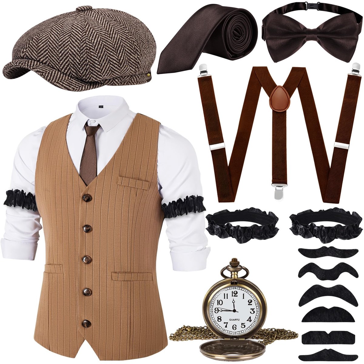 Jaren 20 herenaccessoires, 1920 maffia-kostuum herenset, jaren 20 herenkostuumaccessoires met vesten en verschillende accessoires voor Halloween, carnavalskostuum (bruin, M)