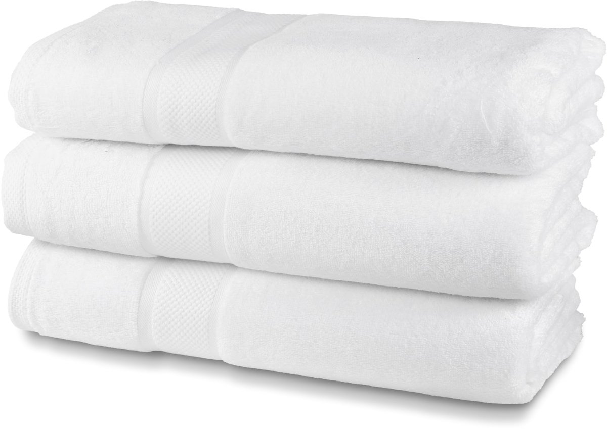 Handdoekenset van badstof, 100% katoen, 3 badhanddoeken, 3 stuks, 90 x 140 cm, 550 g/m², ideaal voor B&B en hotels, bestand tegen veelvuldig wassen, wit, lijn Luxury