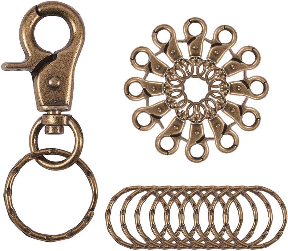 10-delige Set Ijzeren Draaibare Karabijnhaken Sluitingen met Sleutelringen Antiek Brons 63x25mm