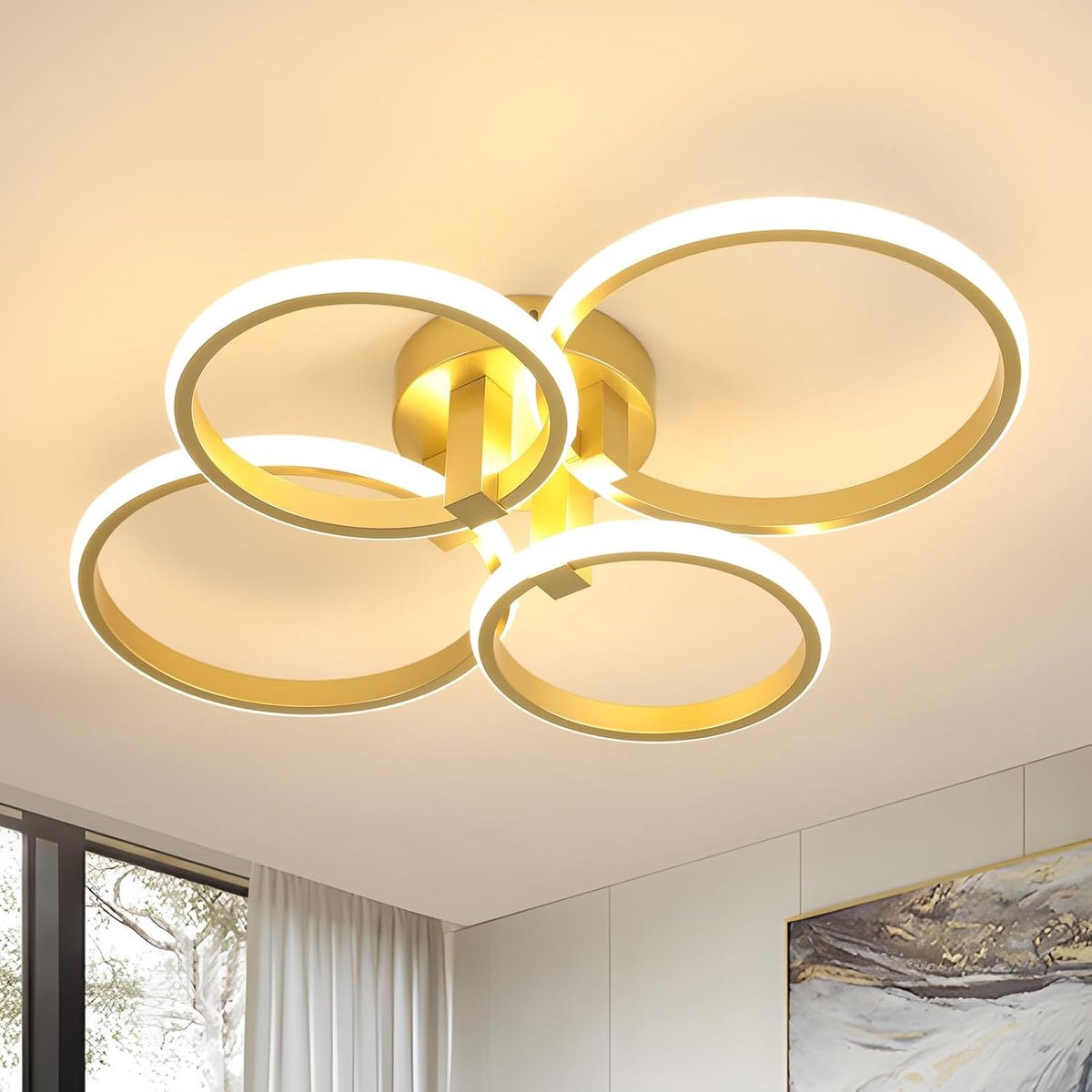 LED Plafondlamp 58W, Moderne Gouden Plafondlamp, 4 Ringen Ronde Woonkamer Kroonluchter voor Keuken, Woonkamer, Slaapkamer, Kantoor, Warm Licht 3000K