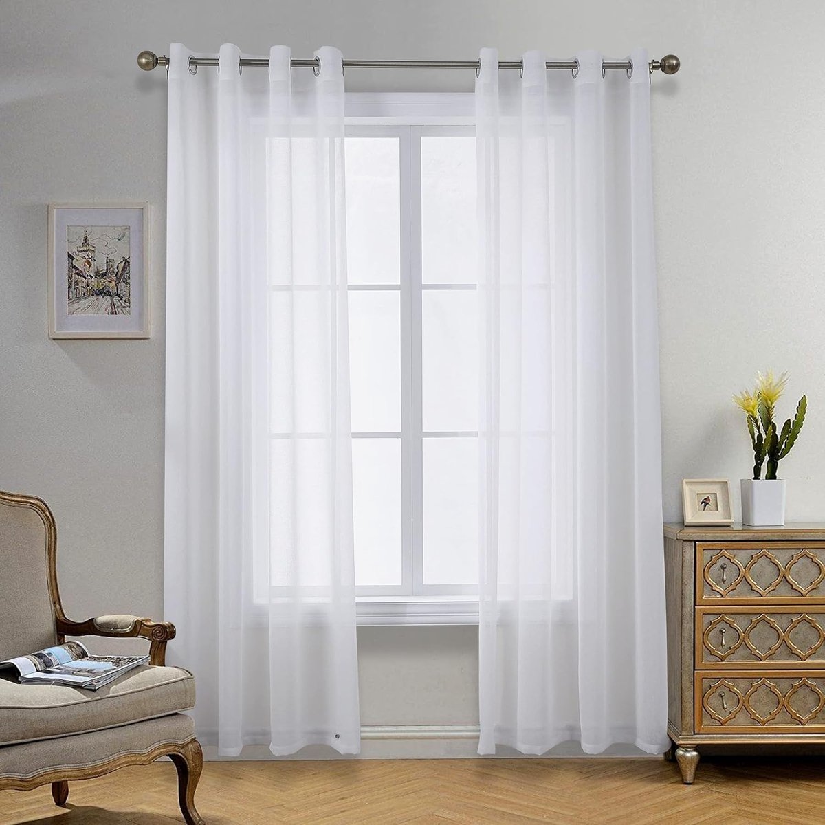 Transparante gordijnen met ringen, voor woonkamer en slaapkamer, 245 x 140 cm (h x b), 2-delige set, doorschijnend, wit, effen, onderhoudsvriendelijke en kreukvrije gordijnen, linnenlook