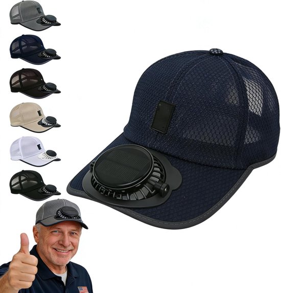 Ventilatorhoed Solar - Baseballpet met zonne-energie - Zonnehoed met Ventilator - USB Oplaadbaar - 3 instelbare snelheden - Buiten Hoed - Ademende Mesh Pet voor Tuin, Vissen en Golf - Marineblauw