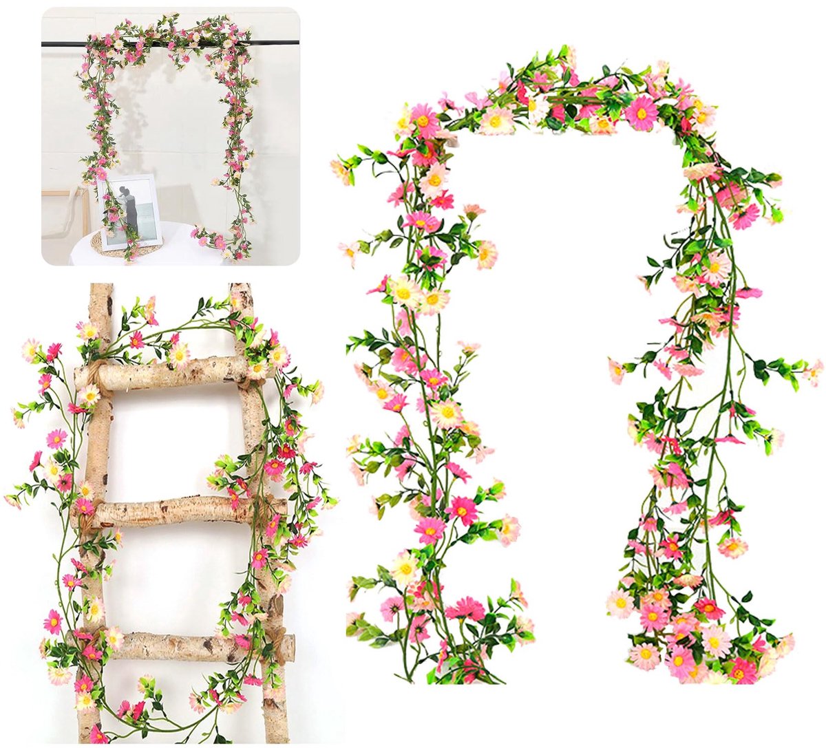 decoratie, bloemenkrans, roze madeliefjes, slinger, met groene bladeren, kunstzijden bloemen, hangende wijnstokken voor bruiloft, feest, muur, tuin, decoratie