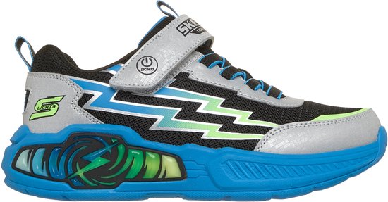Zijaanzicht van Skechers Light Storm 3 kindersneaker met bliksempatroon en blauwe zool.