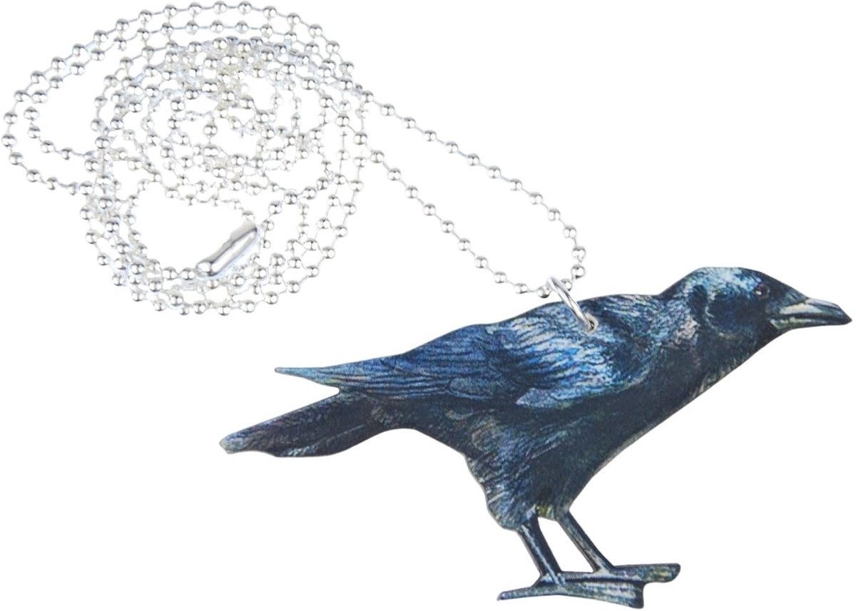 Raaf ketting halsketting 80cm vogel kraai dier hout bedrukt raven zwart - handgemaakte modesieraden - kogelketting verzilverd, 70mm, hout, metaal, Geen edelsteen