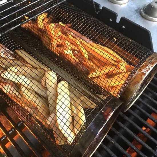 Roestvrijstalen barbecuegrill - Grote verrijdbare barbecuemand,antiaanbaklaag voor vis en groenten, barbecueaccessoires voor buiten, picknick, kampvuur, kamperen, 2-delige set (20 cm) — afbeelding 5