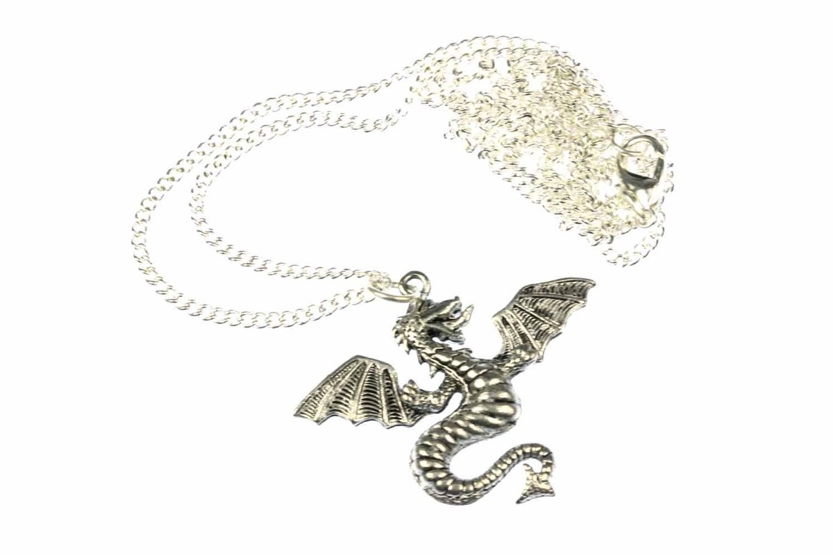 Dragon ketting drakenketting Dragon Fantasy zilveren vuurdraak 60cm - handgemaakte modesieraden - verzilverde schakelketting