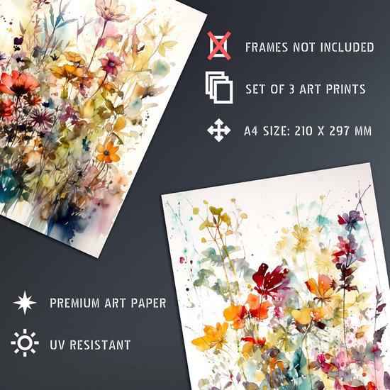 Set of 3 A4 Wildflowers Colourful Watercolour Floral Artworks Spring Flower Field Unframed Wall Art Living Room Poster Prints Pack — afbeelding 3