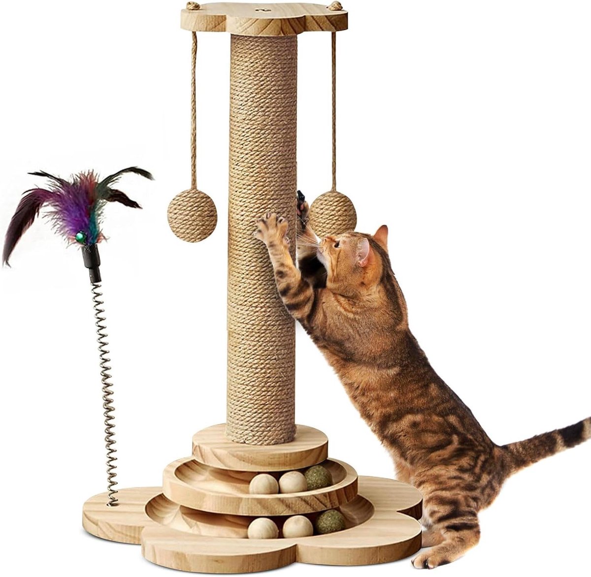Krabpaal Hout - Kattenpaal - Kattenvermaak - Stevige Basis - 45 cm Hoog - Houtkleur