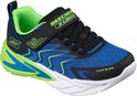 Blauwe Skechers gymschoen met klittenbandsluiting, zwarte en limegroene accenten. 'Flex-Glow' op de zijkant.