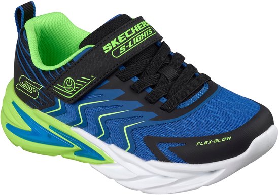 Blauwe Skechers gymschoen met klittenbandsluiting, zwarte en limegroene accenten. 'Flex-Glow' op de zijkant.