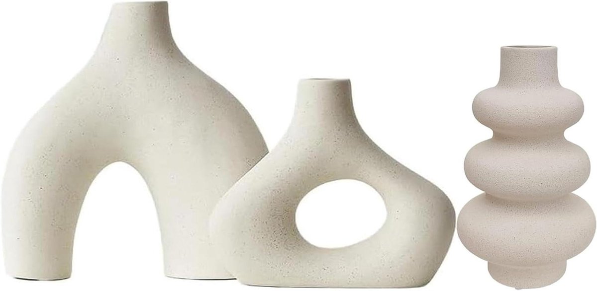 Keramische Vaas Set - Decoratie Vazen - Woonkamer Decoratie - Handgemaakt Ontwerp - Set van 3 - Beige