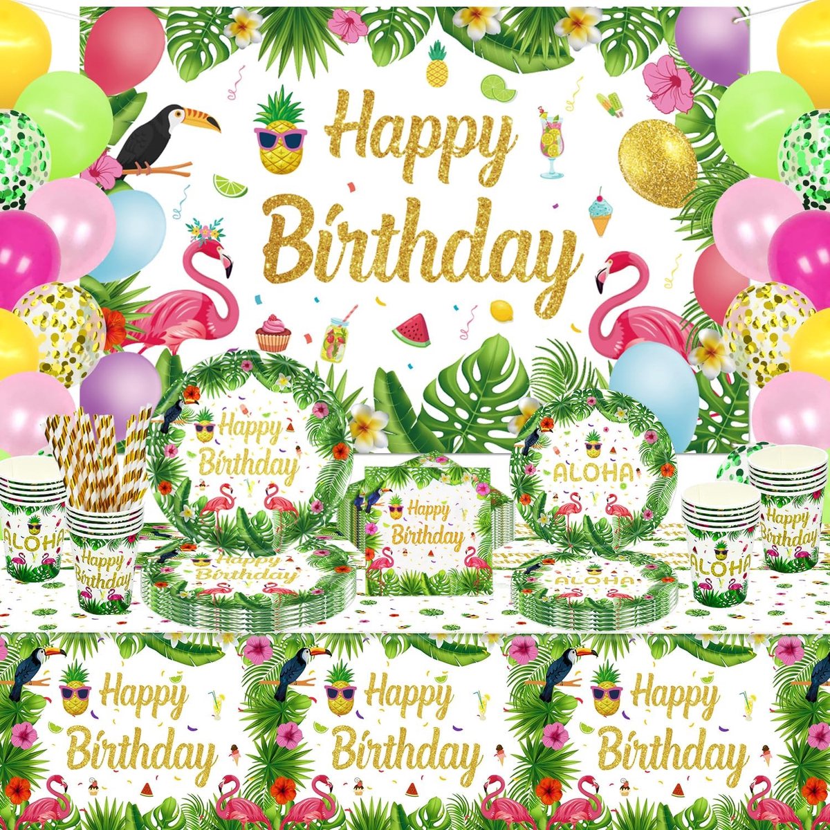 165 Pak Hawaiian Aloha Feestartikelen Tropische Luau Feestversiering Hawaiian Partij Decor Zomer Partij Servies Set - Borden, Ballonnen, Bekers, Servetten, Palmbladeren, Backdrop Voor 20 Personen