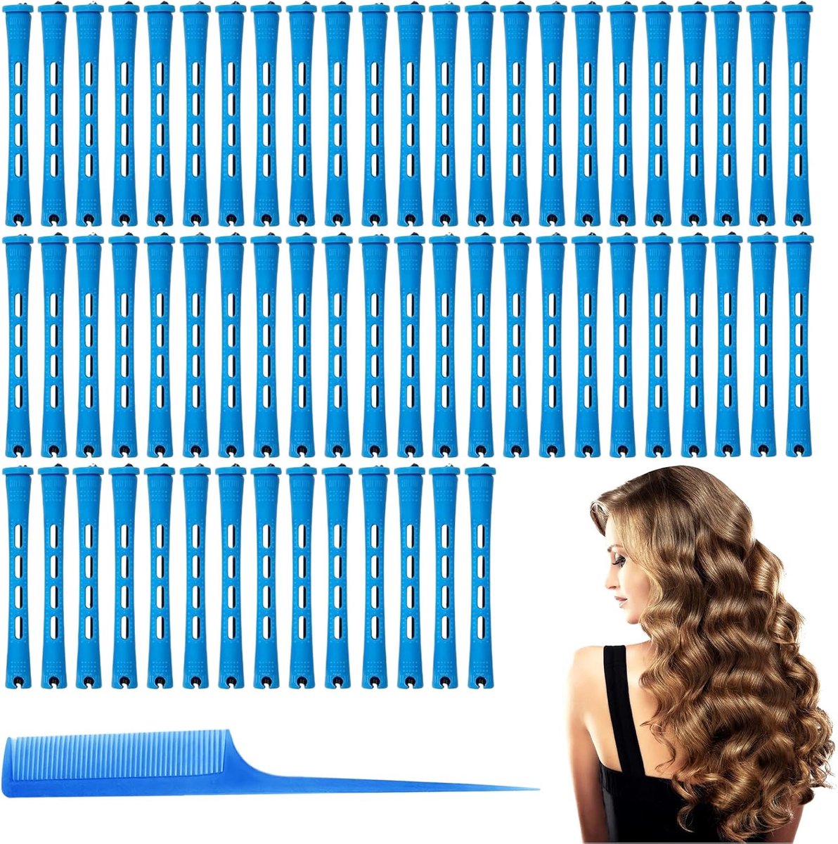 Krulspelden Rollers, Haargolf Anti-slip Haarrollen - Kunststof Koude Golven Staven, Korte Krulspelden, Staaf met Elastische Band, Permanente Staven, Kapper(blauw)