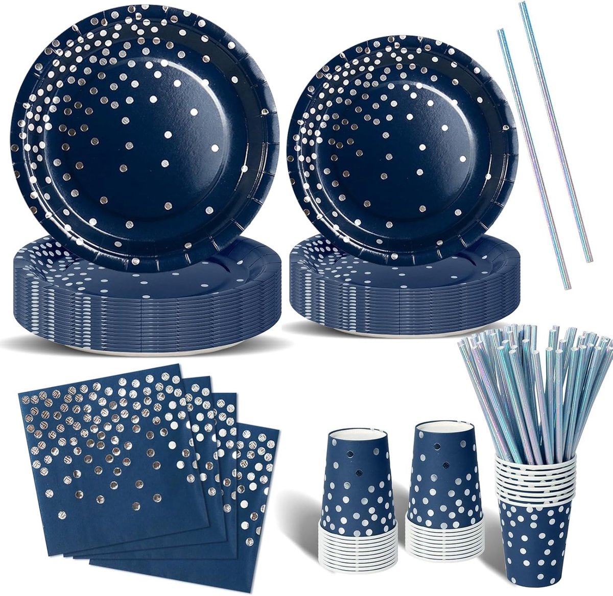 Feestservies 120-delig Marineblauw en Zilver Kinderfeest Bordspullen Set Inclusief Papieren Borden, Servetten, Bestek voor Decoraties Doop, Bruiloft, Douche - Voor 24 Gasten