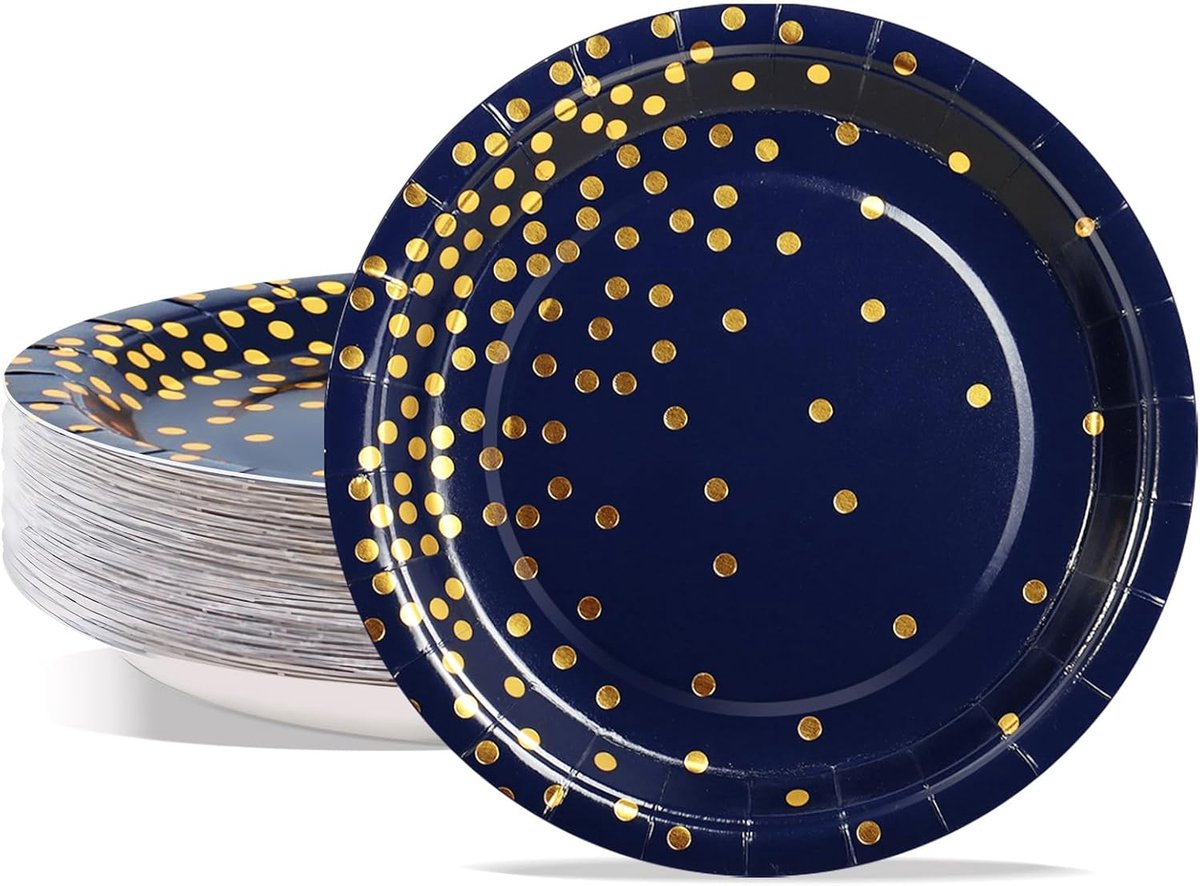 wegwerpborden voor feestbenodigdheden, 7IN 50 stuks donkerblauw en goud dessert, taartborden, zwaar belastbare feestbord voor verjaardag, afstuderen, bruiloft, verloving, babyshower