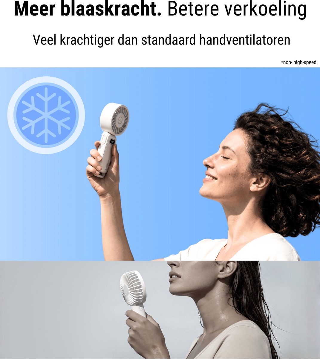 Diveblues® AIR 100 - Handventilator Oplaadbaar – Turbo Luchtstroom - 100 Snelheden – LED Display – Tot 12 uur gebruik - Koelt écht — afbeelding 3