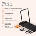 Inhoud van de doos: zwarte loopband, stroomkabel, afstandsbediening, armsteunen, onderhoudskit en handleiding.