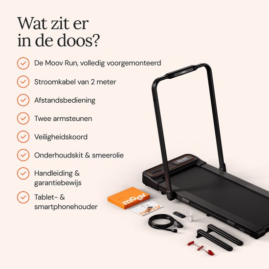 Inhoud van de doos: zwarte loopband, stroomkabel, afstandsbediening, armsteunen, onderhoudskit en handleiding.