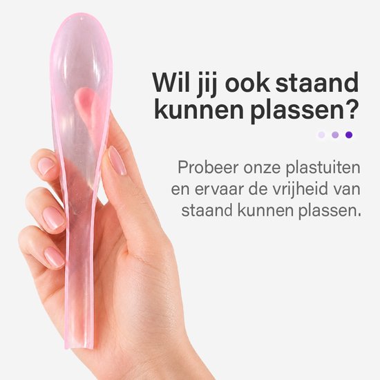 Hand met roze plastuit, met tekst 'Wil jij ook staand kunnen plassen?'.