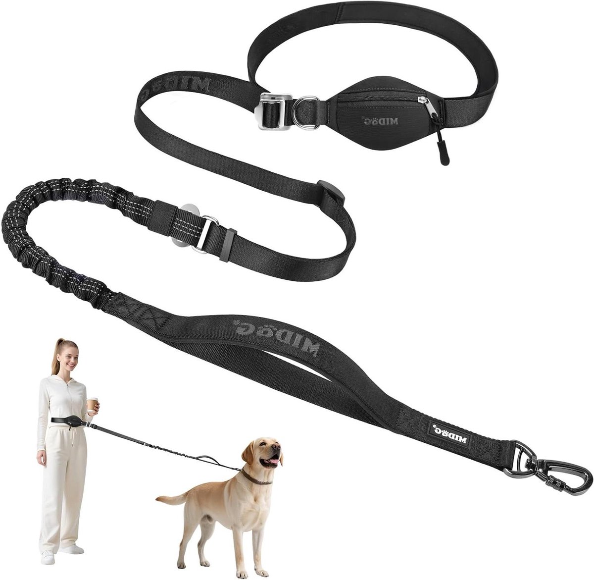 Hondenlijn - Handsfree Lijn - Honden Uitlaten - Schokabsorberend Bungee - Verstelbaar 1.2-2.1m - Zwart